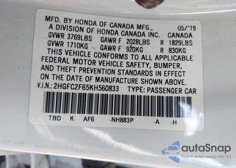 2019 Honda Civic Lx z USA, uszkodzony, nr VIN 2HGFC2F65KH560833